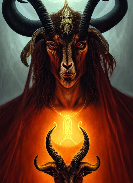 Prompt: elden ring themed orthodox baphomet goat icon tarot card portrait, piercing gaze, byzantine aesthetic, doom, religious, sinister, ornate, intricate, beautifully backlit, subtle tones, digital painting, concept art, smooth, sharp focus, illustration, art by josan gonzalez, greg rutkowski, killian eng and zdizslaw beksinski