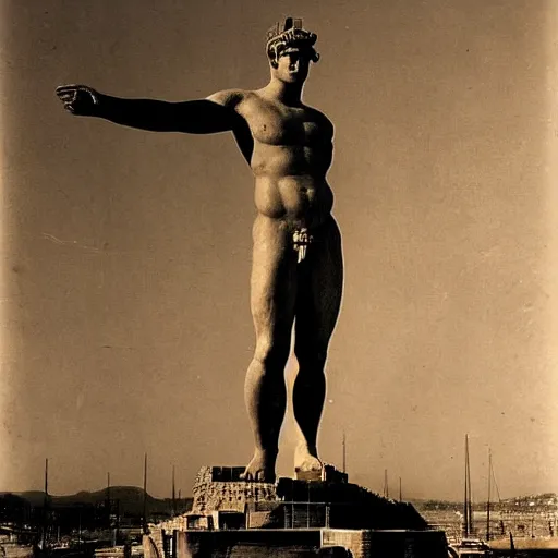 Prompt: a full frontal photograph of the colossus of Rhodes