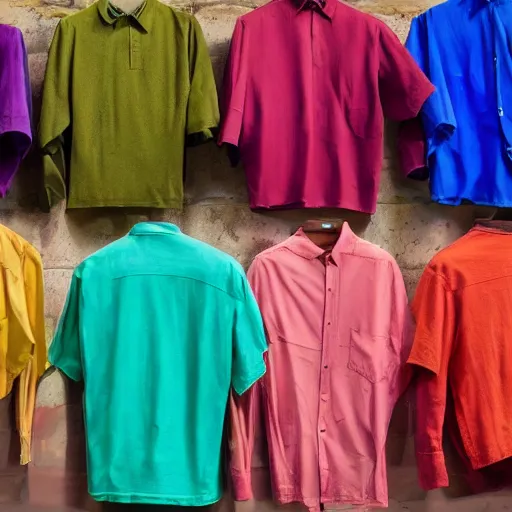 Prompt: a pile of complementary colored shirts