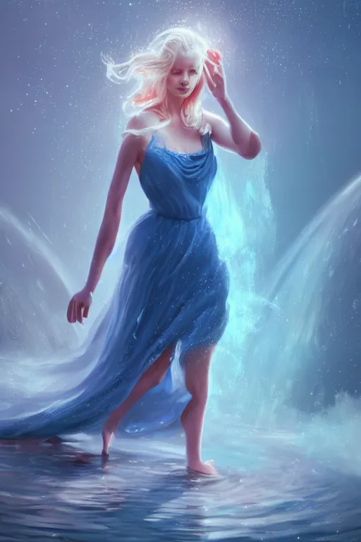 Prompt: detailed portrait of a beautiful blonde haired woman with sparkling blue eyes, elegant, blue cotton dress, background is a fountain in the park, in the style of peter mohrbacher, artgerm, dramatic lighting and composition, pink fog background, octane render, trending on artstation, concept art 8 k