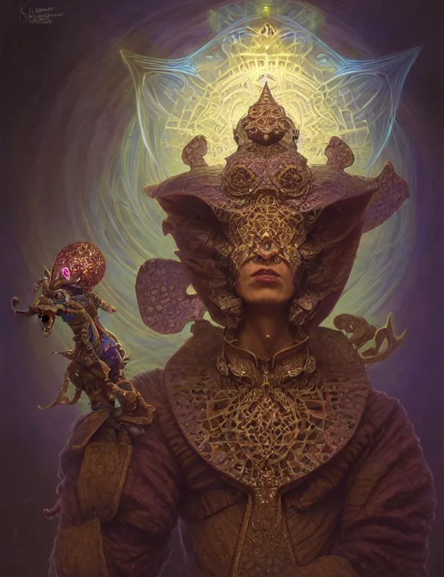 Image similar to front shot of a court jester character, hyperdimensional, bioluminescent hypercubes, ((intricate)), elegant, highly detailed, centered, (((artstation, concept art, smooth, sharp focus, artgerm, Tomasz Alen Kopera, Peter Mohrbacher, donato giancola, Joseph Christian Leyendecker, WLOP, Boris Vallejo))), mugshot!!!!!, ugly!!!!!!, octane render, nvidia raytracing demo, grainy, muted, 8K, digitalblasphemy