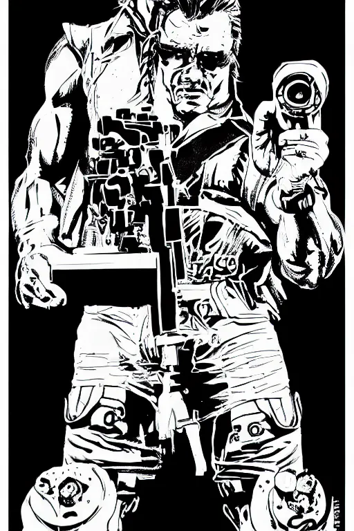 Image similar to arnold schwarzenegger as the terminator, a page from cyberpunk 2 0 2 0, style of paolo parente, style of mike jackson, adam smasher, johnny silverhand, 1 9 9 0 s comic book style, white background, ink drawing, black and white, colouring pages