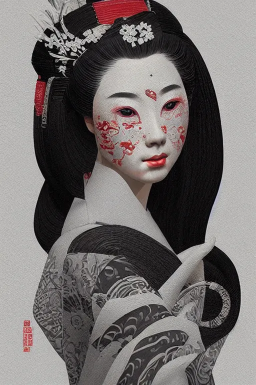 Prompt: A masterpiece portrait of a Incredibly geisha, medium shot, intricate, elegant, highly detailed, trending on artstation, digital art by Ash Thorp