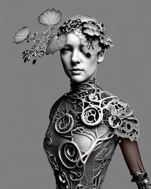 Image similar to monochrome 3 d model, 1 8 9 0 picture, silver lace floral steampunk biomechanical beautiful young female cyborg with porcelain profile face and a techno eye, volumetric light, leaves foliage and stems, hibiscus flowers, sinuous fine roots, fine foliage lace, alexander mcqueen, rim light, big gothic fashion pearl embroidered collar, octane render, 8 k