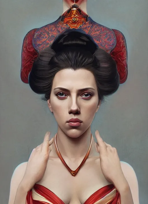 Image similar to symmetry!! scarlett johansson, geisha, machine parts embedded into face, intricate, elegant, highly detailed, digital painting, artstation, concept art, smooth, sharp focus, illustration, art by artgerm and greg rutkowski and alphonse mucha, 8 k