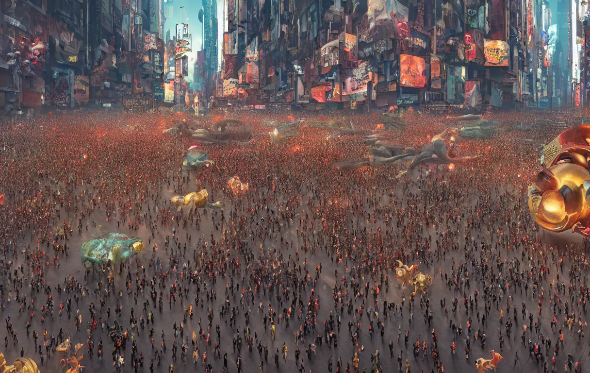 Image similar to photograph a crowd of people connected to a mammoth algorithm machine. new york thanksgiving parade by shaun tan, slim aarons, zhang kechun, national geographic. octane render. in the style of the fifth element, cyberpunk 2 0 4 9.