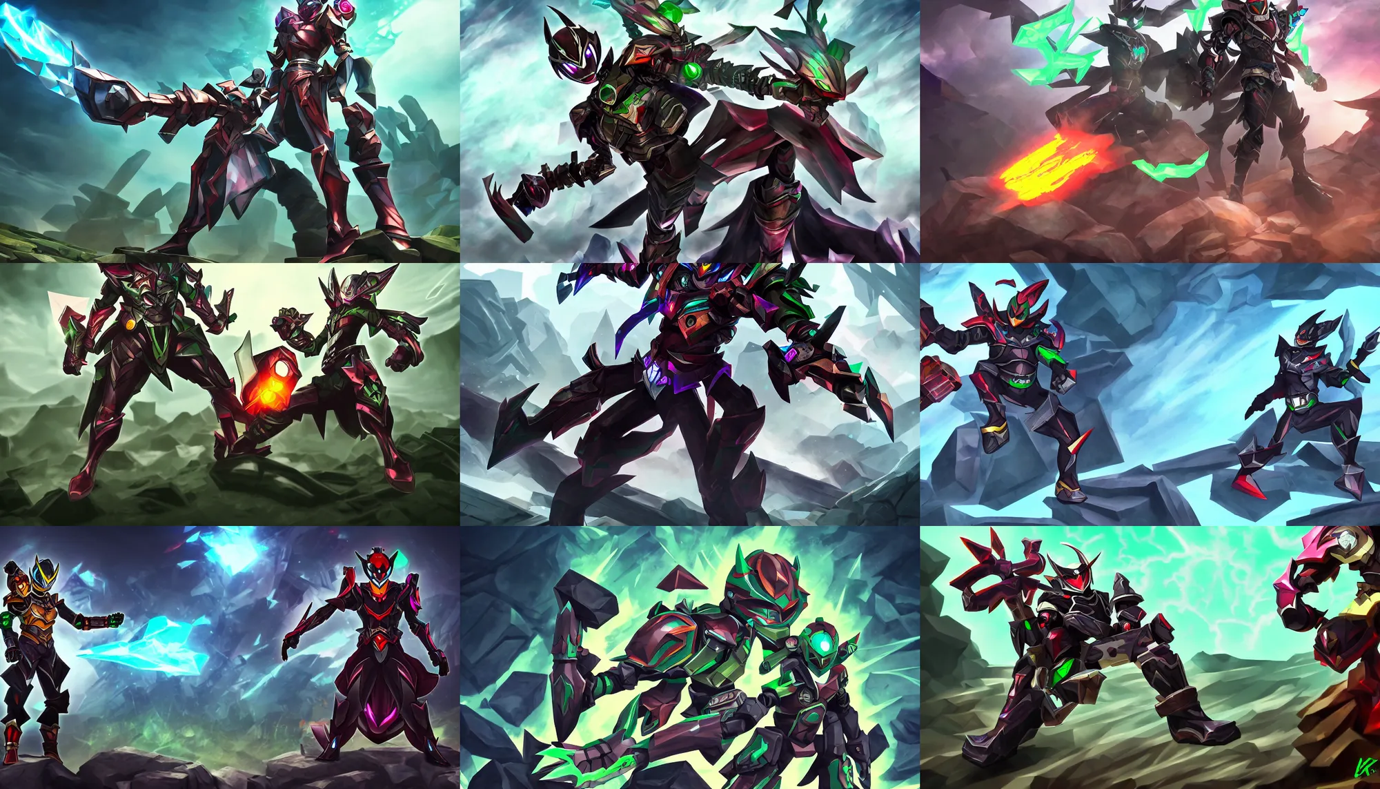 Prompt: Kamen Rider wearing segmented demonic armor standing in a rock quarry doing a henshin pose, League of Legends Splash Art, high quality, 4k, concept art, illustration, Arcane