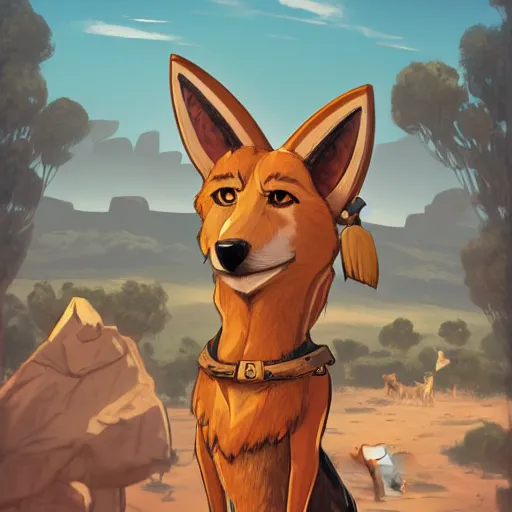 Image similar to stylized three quarters portrait concept art of the anthro anthropomorphic dingo dog head animal person fursona wearing clothes adventurer standing in australia outback, hidari, color page, tankoban, 4 k, tone mapping, akihiko yoshida, clean bright happy