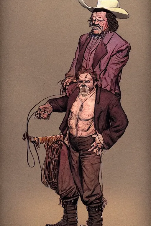 Image similar to vernon. Smug old west circus wrestler. concept art by James Gurney and Mœbius.