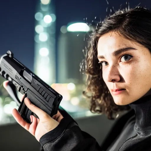 Image similar to photographic portrait of a techwear woman holding a Glock 18, closeup, on the rooftop of a futuristic city at night, sigma 85mm f/1.4, 4k, depth of field, high resolution, 4k, 8k, hd, full color