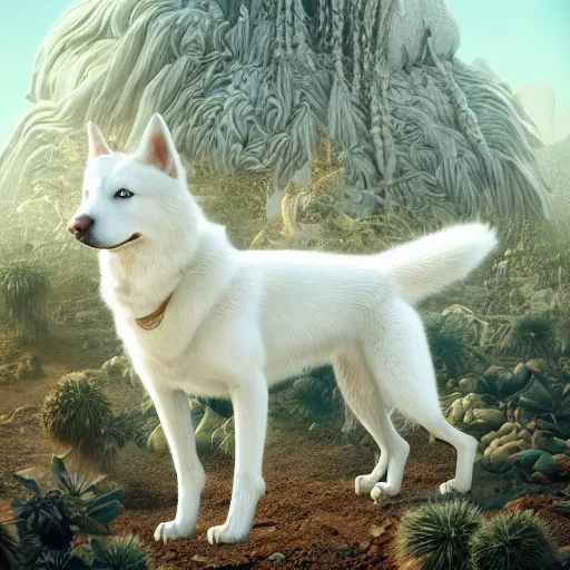 Prompt: white alaskan husky creature in a desert lush oasis, warm tones : : by guillermo del toro, daniel merriam, victo ngai and michal karcz : : ornate, dynamic, particulate, intricate, elegant, highly detailed, centered, artstation, smooth, sharp focus, octane render