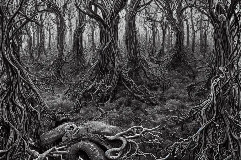 Image similar to an eerie insanely detailed forest of the soul, ambiguous, symbolic, eyes of strange creatures hiding in the dark, skulls and bones of animals, snakes and vines and cobwebs and old trees, a glimpse of hope, ink and ballpoint, inspired by claire scully and evan cagle and simon prades