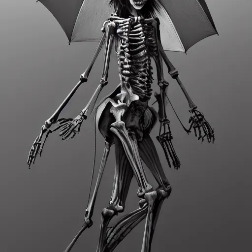 Image similar to portrait of a girl with a skeletal umbrella, digital art, highly detailed, award winning, concept art, intricate, sharp focus, Trending on Artstation HQ, unreal engine 5, 4K UHD image