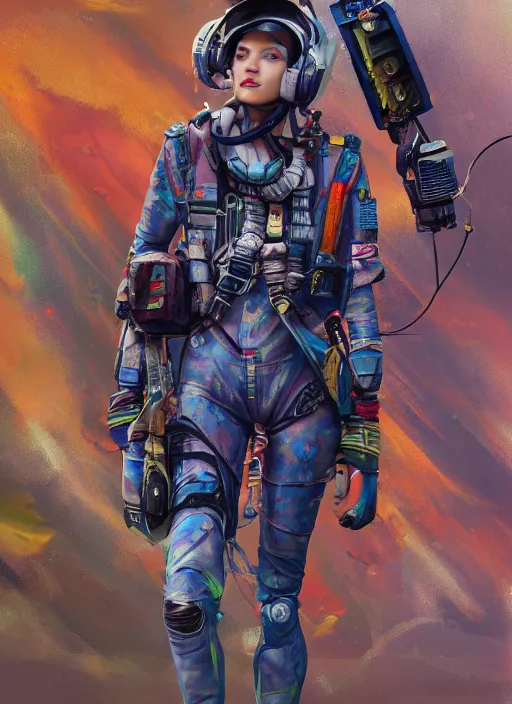 Prompt: detailed full body concept art illustration colorful oil painting of a female pilot in full intricate clothing, ultra detailed, digital art, octane render, 4K, dystopian, micro details, hyperrealistic