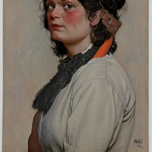 Prompt: frontal portrait of a savage barbarian female, by norman rockwell