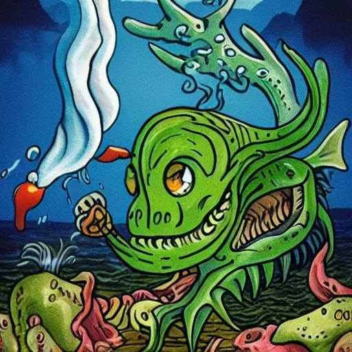 Prompt: sea monster smoking a joint