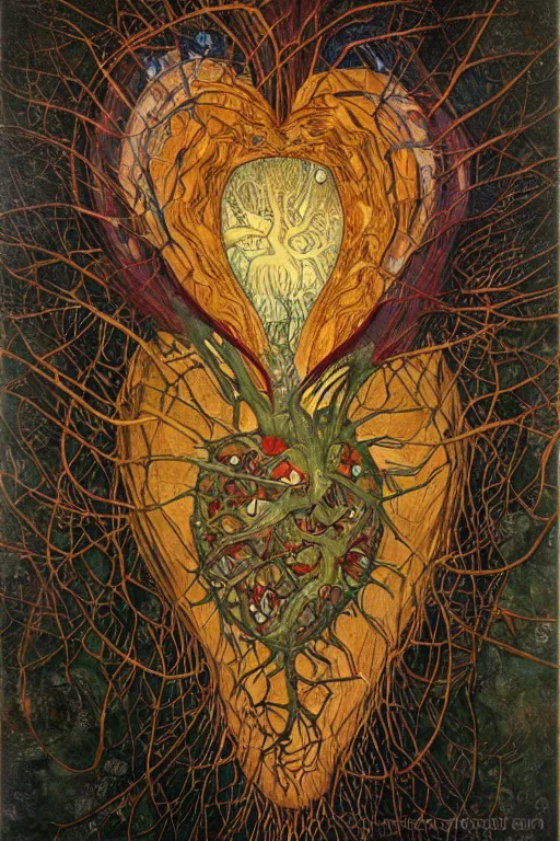 Image similar to Heart of Thorns by Karol Bak, Jean Deville, Gustav Klimt, and Vincent Van Gogh, portrait of an anatomical heart, sacred heart, Surreality, otherworldly, infernal enigma, Helliquary, fractal structures, celestial, arcane, ornate gilded medieval icon, third eye, spirals, dramatic sharp thorns, rich deep moody colors