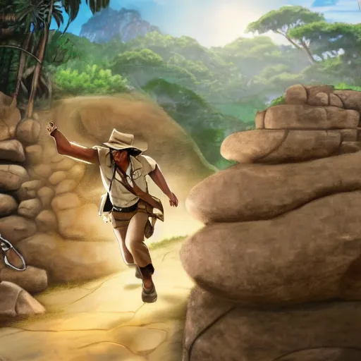 Prompt: Indiana Jones being chased by a boulder trap, boulder chase, underground sandstone temple background, giant round stone chasing Indiana Jones, raiders of the lost ark, detailed background, anime key visual