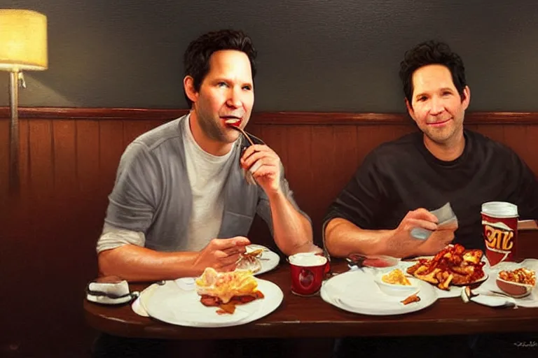 Prompt: paul rudd eating bacon at a dennys late night, an oil painting by ross tran and thomas kincade