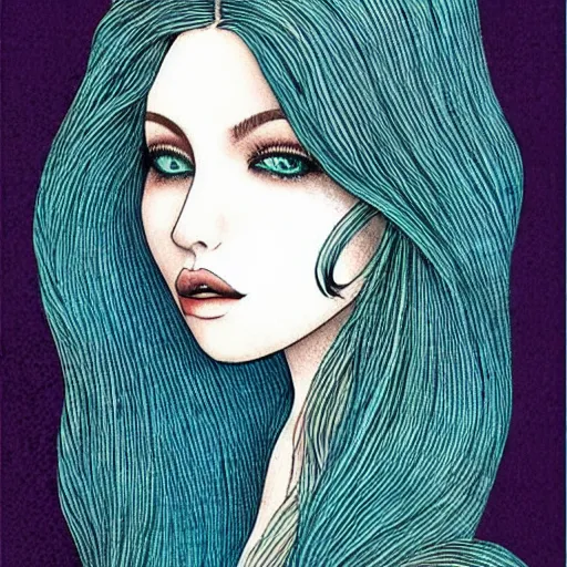 Image similar to beautiful pale brunette with giant soft dreamy eyes. Fine detailed colored ink drawing blotter art.