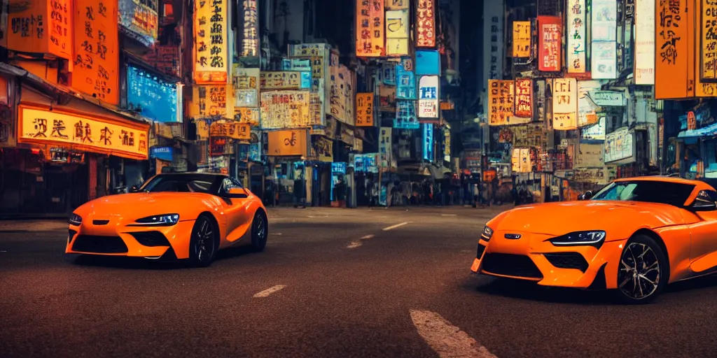 Image similar to orange supra in the middle of a road on the night Hong Kong china town, blue color grading, cinematic color grading , unreal 5, hyperrealistic, realistic, photorealistic, dynamic lighting, highly detailed, cinematic landscape, studio landscape, studio lighting