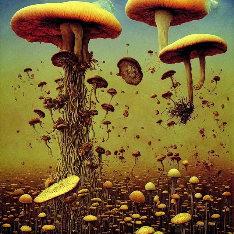 Prompt: Kombucha, tea mushroom, tea fungus, Manchurian mushroom fly in cosmos. Extremely high details, realistic, fantasy art, solo, masterpiece. Art by Zdzisław Beksiński, Arthur Rackham, Dariusz Zawadzki