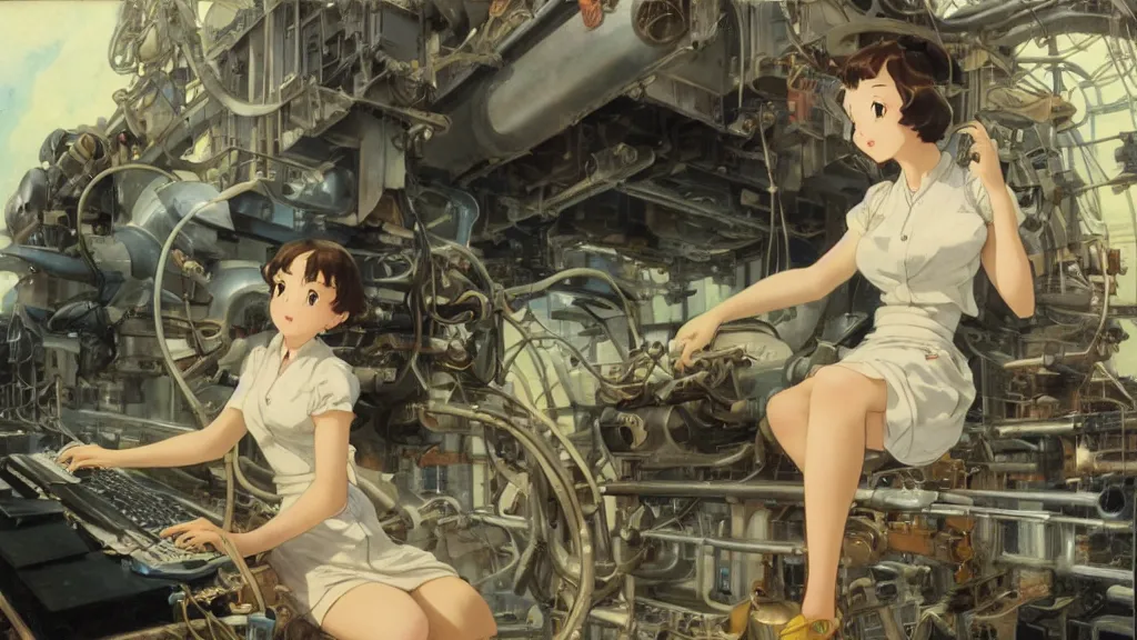 Image similar to a film still of a 1 9 5 0's mechanic anime girl working on a giant computer, finely detailed features, full body mid shot, perfect art, in the science laboratory, trending on pixiv fanbox, painted by gaston bussiere, makoto shinkai, akihiko yoshida, gaston bussiere, craig mullins, studio ghibli