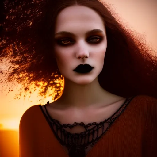 Image similar to photographic portrait of a stunningly beautiful gothic female in soft dreamy light at sunset, contemporary fashion shoot, by edward robert hughes, annie leibovitz and steve mccurry, david lazar, jimmy nelsson, breathtaking, 8 k resolution, extremely detailed, beautiful, establishing shot, artistic, hyperrealistic, beautiful face, octane render