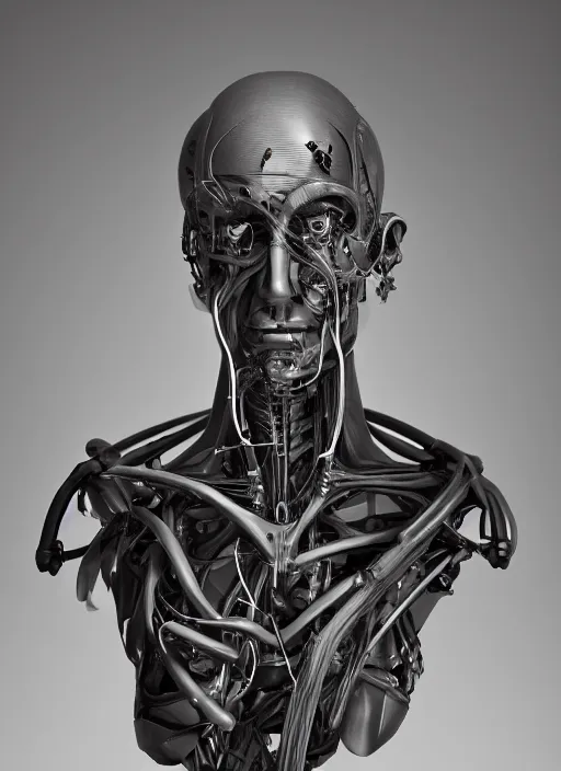 Prompt: an orthographic damaged bust sculpture of anatomical cyborg, veins, titanium mechanical parts, studio lighting by Wes Anderson