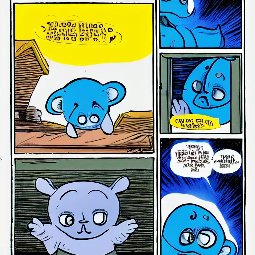 Image similar to blue baby baby seal on top of a roof, dark lighting, wide shot, comix by dave gibbons and john higgins