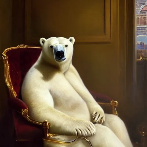 Prompt: a beautiful portrait of a victorian polar bear in his salon smoking a cigar by Franz Xaver Winterhalter, oil on canvas, trending on Artstation