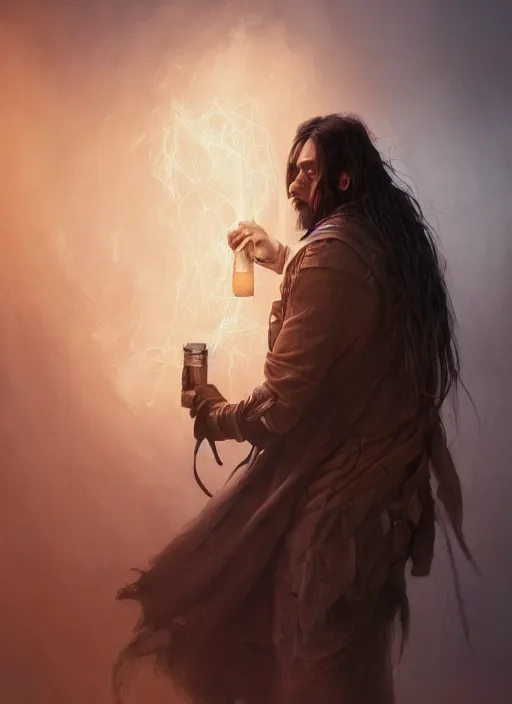 Image similar to portrait of a man with long black hair in brown rags holding a glowing device, fantasy, digital painting, volumetric light, intricate, sharp, focus, bloom, illustration, highly detailed, concept art, matte, ruan jia, randy vargas, greg rutkowski