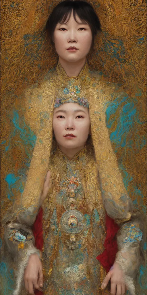 Image similar to mongolian queen, masterpiece by Edgar Maxence and Ross Tran and Michael Whelan, 8k, octane render