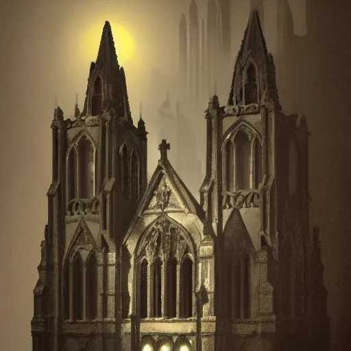 Image similar to victorian church in the middle of the city, dark, misty, at night, 8 k, detailed, concept art, trending on artstation