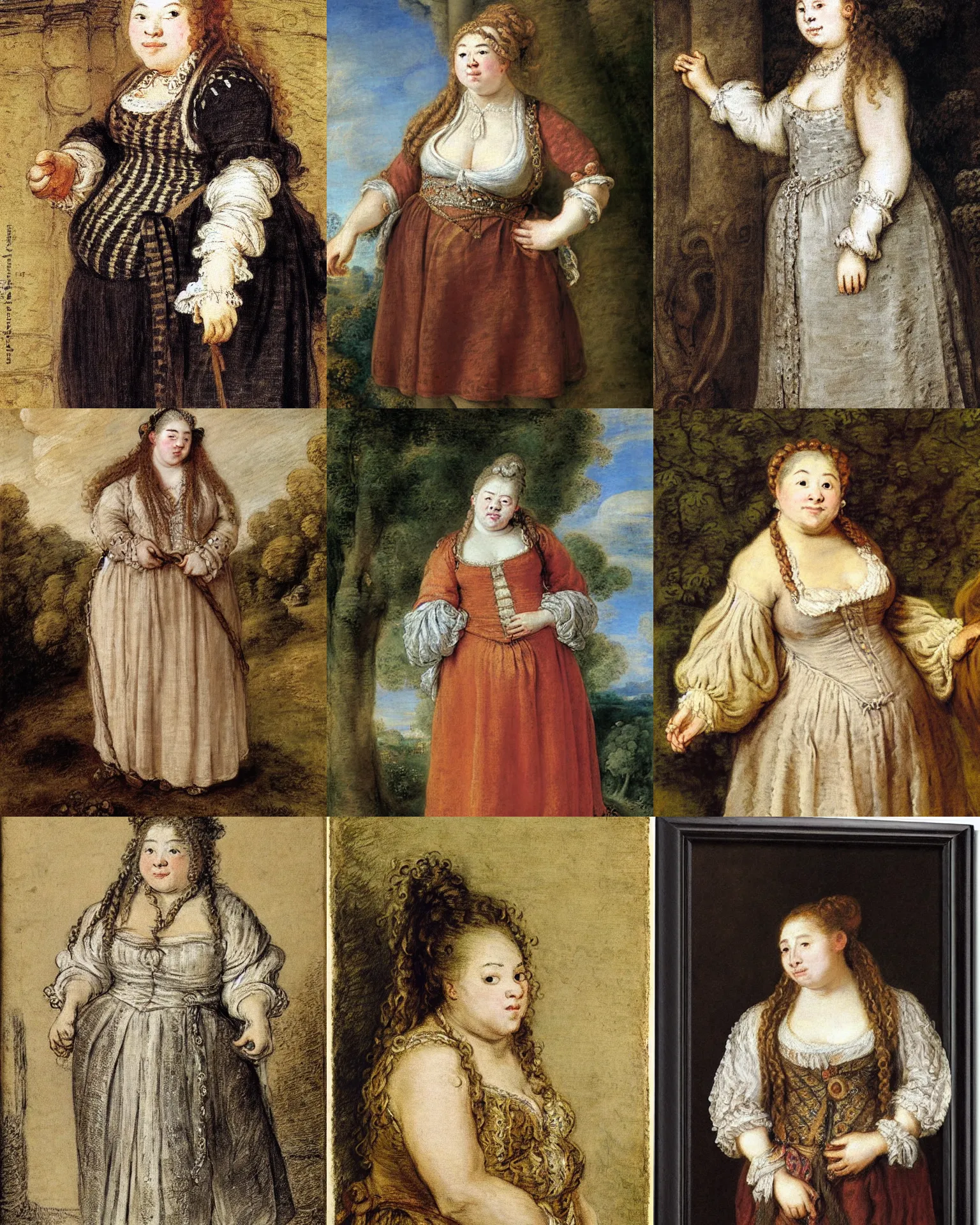 Prompt: female dwarven noblewoman, chubby short stature, braided intricate hair, by antoine watteau