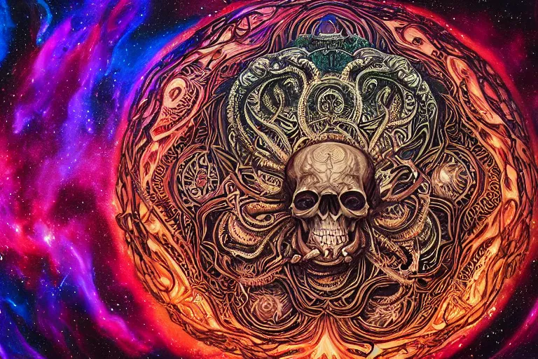 Prompt: a giant mandala of skulls and flesh with deep and intricate rune carvings and twisting lovecraftian tentacles emerging from a space nebula by dan mumford, twirling smoke trails, a twisting vortex of dying galaxies, collapsing stars, digital art, photorealistic, vivid colors, highly detailed, intricate