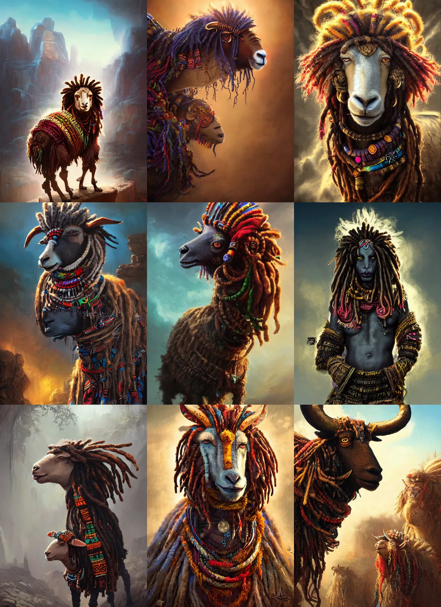 Prompt: aztec sheep with dreadlocks, vivid colors, dark shadows, contrast, concept art, sharp focus, digital art, Hyper-realistic, 4K, Unreal Engine, Highly Detailed, Dramatic Lighting, Beautiful, by Brom, bastien lecouffe-deharme