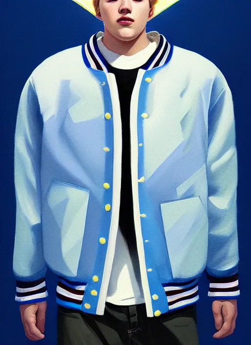 Image similar to portrait of high school senior boy named big moose, blonde short hair, jock, beefy, wide face, square jaw, square facial structure, blue varsity jacket with letter r, intricate, elegant, glowing lights, highly detailed, digital painting, artstation, concept art, sharp focus, illustration, art by wlop, mars ravelo and greg rutkowski