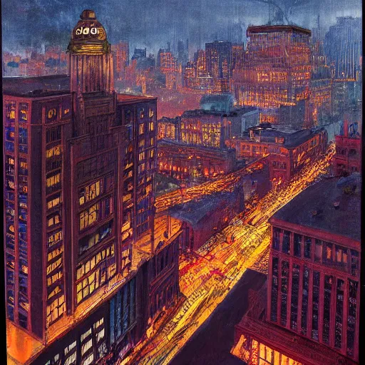 Image similar to muted color ultra realistic painting of 1 9 2 5 boston downtown at night in doctor strange's mirror dimension, aerial view, dark, brooding, night, atmospheric, horror, cosmic, ultra - realistic, smooth, highly detailed in the style of clyde caldwell