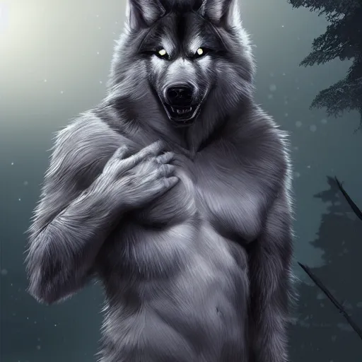 Prompt: man transforming into a werehusky during a full moon, digital art, 4 k hd, very detailed, fur, anime