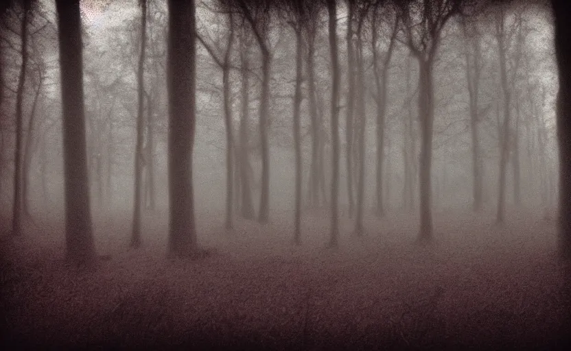 Prompt: dead evil, in the misty wood, pale light, pinhole camera effect, lomography effect, analogue photo quality, red, blur, unfocus, red bright filter, scratches