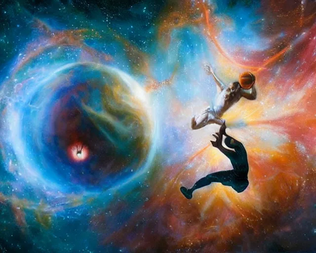 Image similar to cosmic basketball player dunking a basketball hoop in a nebula, an oil painting, by ( leonardo da vinci ) and greg rutkowski and rafal olbinski ross tran airbrush