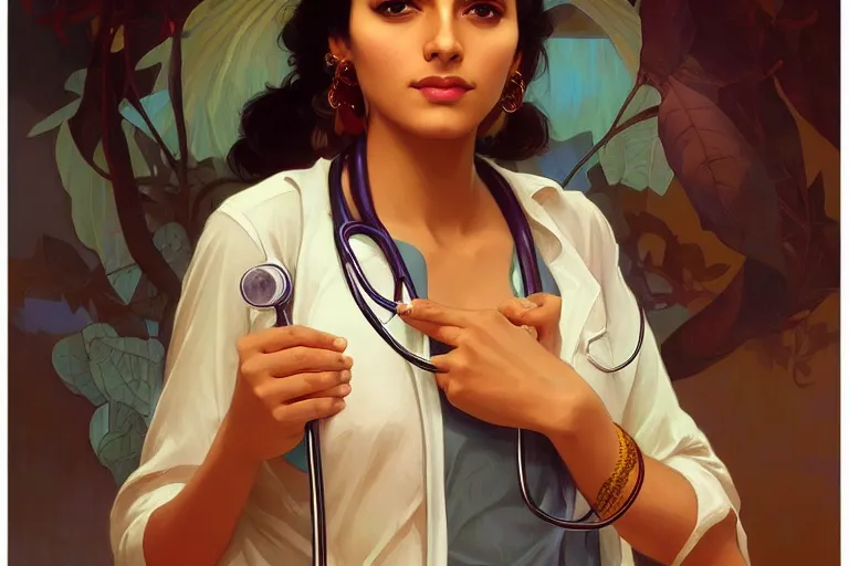 Image similar to sensual pale beautiful indian doctor in jeans with stethoscope, art deco portrait, elegant, intricate, digital painting, artstation, concept art, smooth, sharp focus, illustration, art by artgerm and greg rutkowski and alphonse mucha