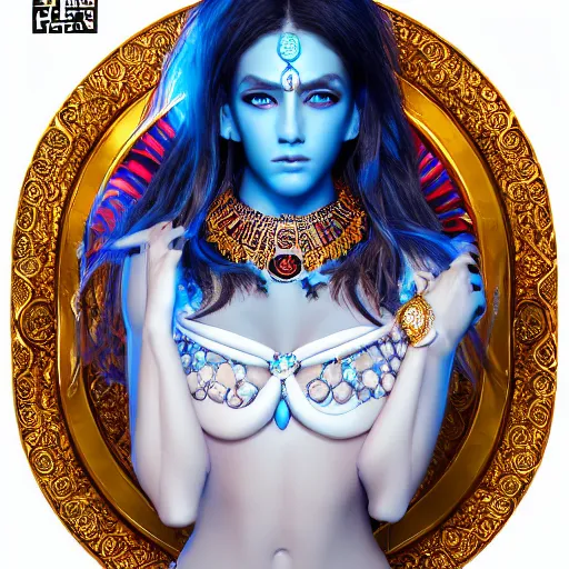 Image similar to portrait of demon goddess with perfect skin, glowing, ornate and intricate blue jewelry, jaw dropping beauty, glowing background lighting, white accent lighting, hyper detailed, 4 k octane render