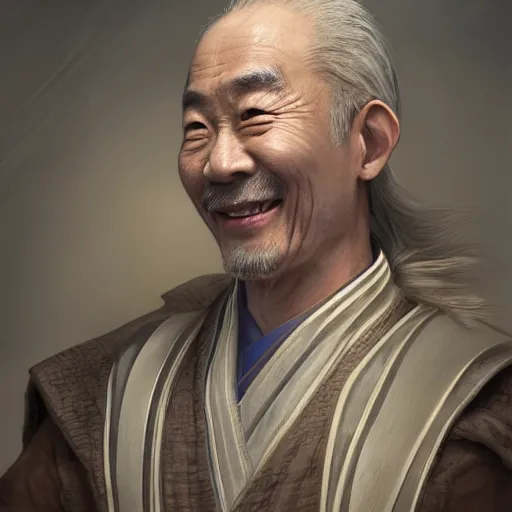 Image similar to portrait painting of a 6 0 year old kind smile handsome chinese taoist priest, like liangchao wei, silver ponytail hair, amiable by wenjun lin, irakli nadar, bright colors, octopath traveler, wenjun lin, unreal engine 5 highly rendered, global illumination, radiant light, detailed and intricate environment