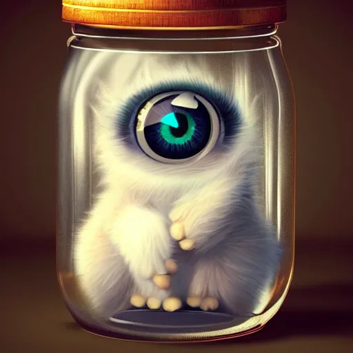 Image similar to cutie fluffy creature with big eyes in a jar, digital art, 3 d, octave render, masterpiece, mega detailed, pixar, disney, vivid illustration, fantasy, by george stubbs, frederic leighton, james jean