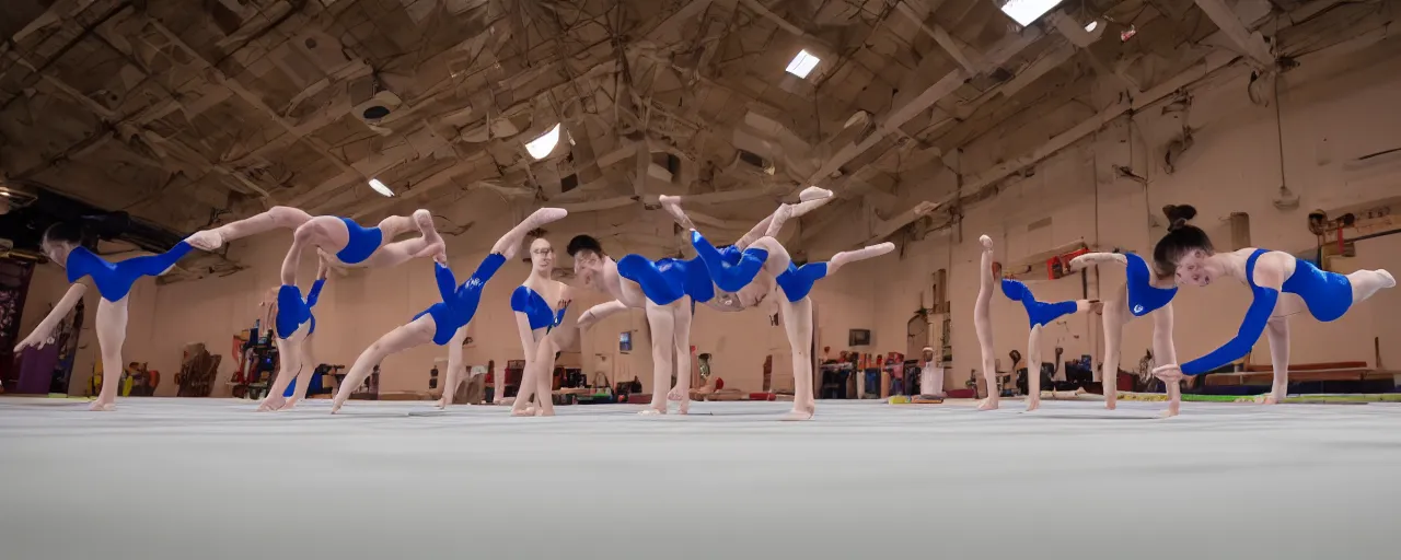 Prompt: team of gymnasts dodging laser beams, wide angle shot, 8k