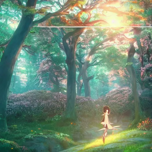 Image similar to the aesthetic view of the beautiful, grand, wistful, dreamy hidden forest at dusk, hyperrealistic anime illustration by iralki nadar, colorful, extremely detailed, intricate linework, super sharp focus, bright colors, octopath traveler, studio ghibli, unreal engine 5 highly rendered, global illumination, radiant light, detailed and intricate environment