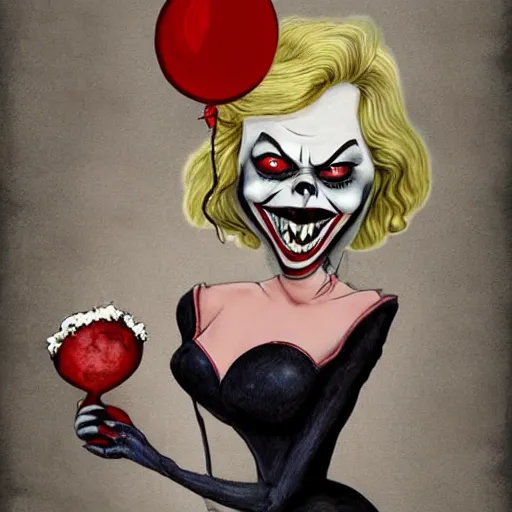 Image similar to grunge cartoon painting of margot robbie with a wide smile and a red balloon by chris leib, loony toons style, pennywise style, corpse bride style, horror theme, detailed, elegant, intricate