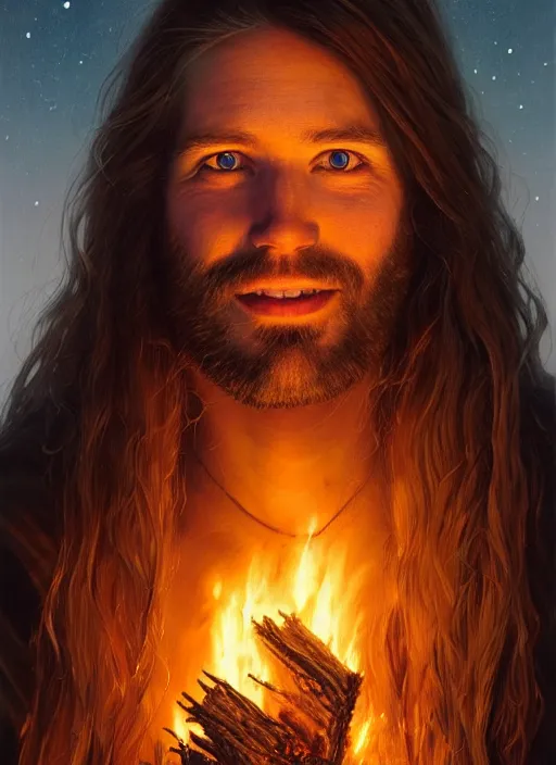 Image similar to highly detailed portrait of long - haired hillbilly around a bonfire, stephen bliss, unreal engine, art by greg rutkowski, loish, rhads, ferdinand knab, makoto shinkai and lois van baarle, artgerm, pixar, ilya kuvshinov, rossdraws, tom bagshaw, global illumination